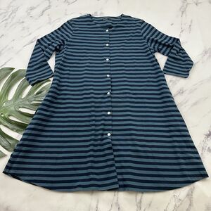 Marimekko Womens Shirt Shift Dress Size XL Blue Striped Pockets Snap Front